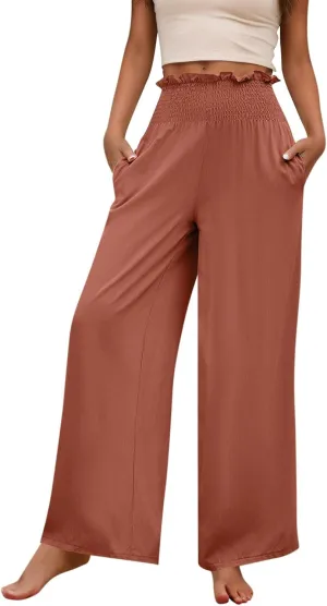 GOFULY Cotton Linen Pants for Women Wide Leg Trendy High Rise Pants Elastic Waist 2025 Summer Soft Solid Trouser with Pockets