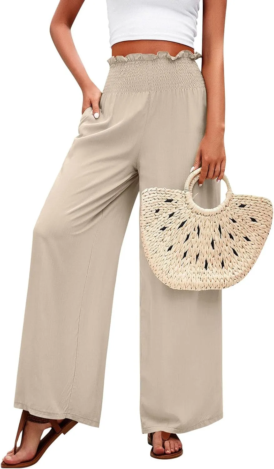 GOFULY Cotton Linen Pants for Women Wide Leg Trendy High Rise Pants Elastic Waist 2025 Summer Soft Solid Trouser with Pockets