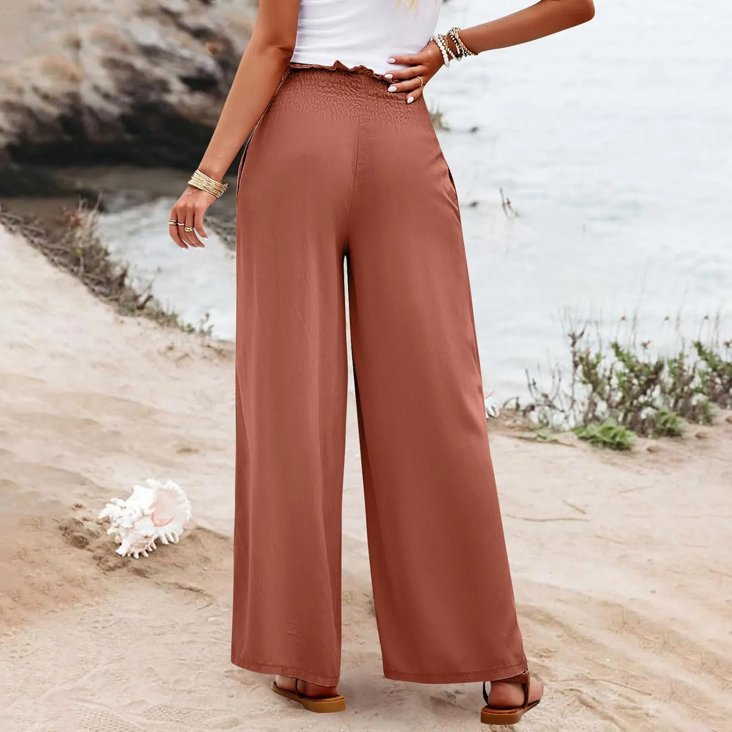 GOFULY Cotton Linen Pants for Women Wide Leg Trendy High Rise Pants Elastic Waist 2025 Summer Soft Solid Trouser with Pockets