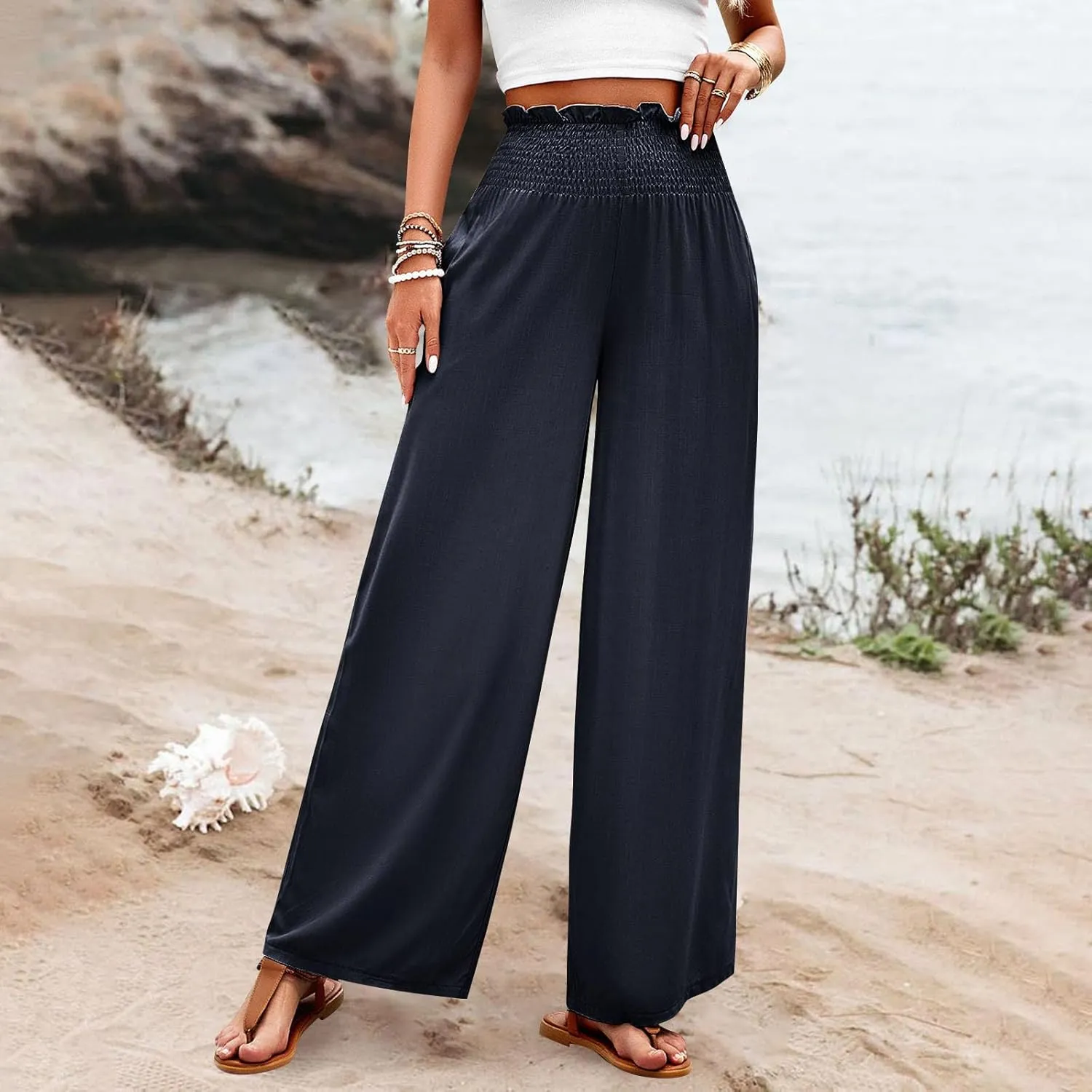 GOFULY Cotton Linen Pants for Women Wide Leg Trendy High Rise Pants Elastic Waist 2025 Summer Soft Solid Trouser with Pockets