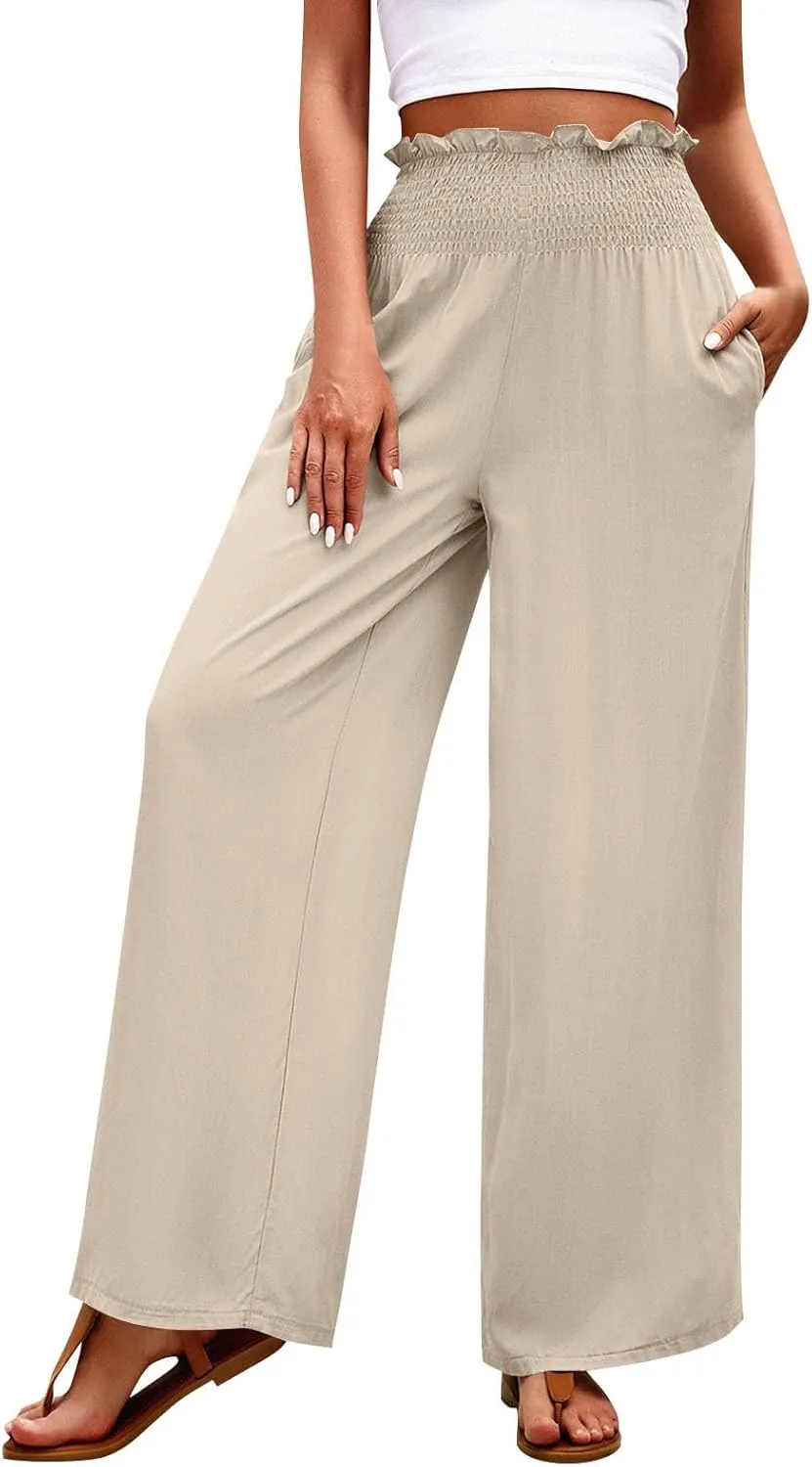 GOFULY Cotton Linen Pants for Women Wide Leg Trendy High Rise Pants Elastic Waist 2025 Summer Soft Solid Trouser with Pockets