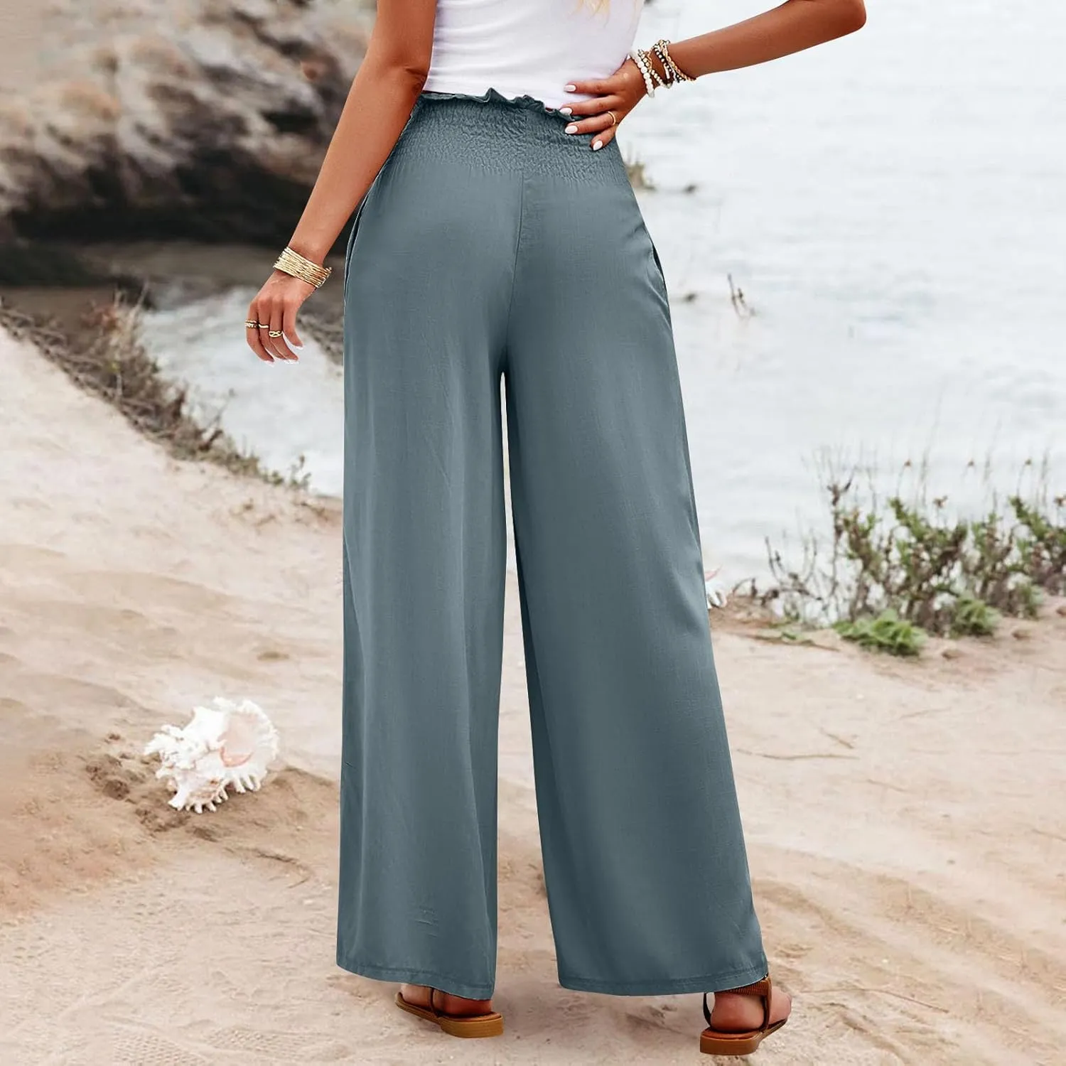 GOFULY Cotton Linen Pants for Women Wide Leg Trendy High Rise Pants Elastic Waist 2025 Summer Soft Solid Trouser with Pockets
