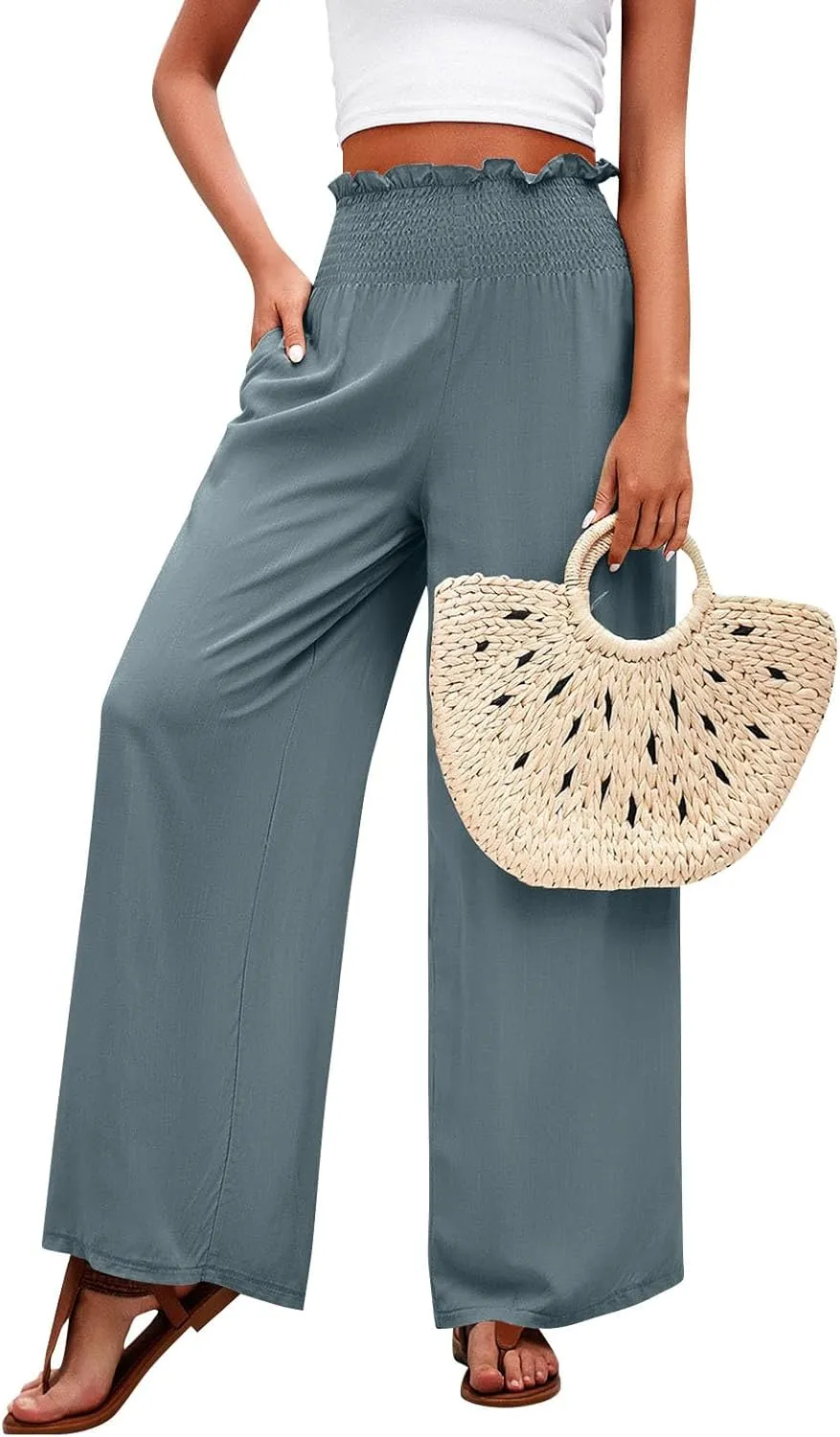 GOFULY Cotton Linen Pants for Women Wide Leg Trendy High Rise Pants Elastic Waist 2025 Summer Soft Solid Trouser with Pockets
