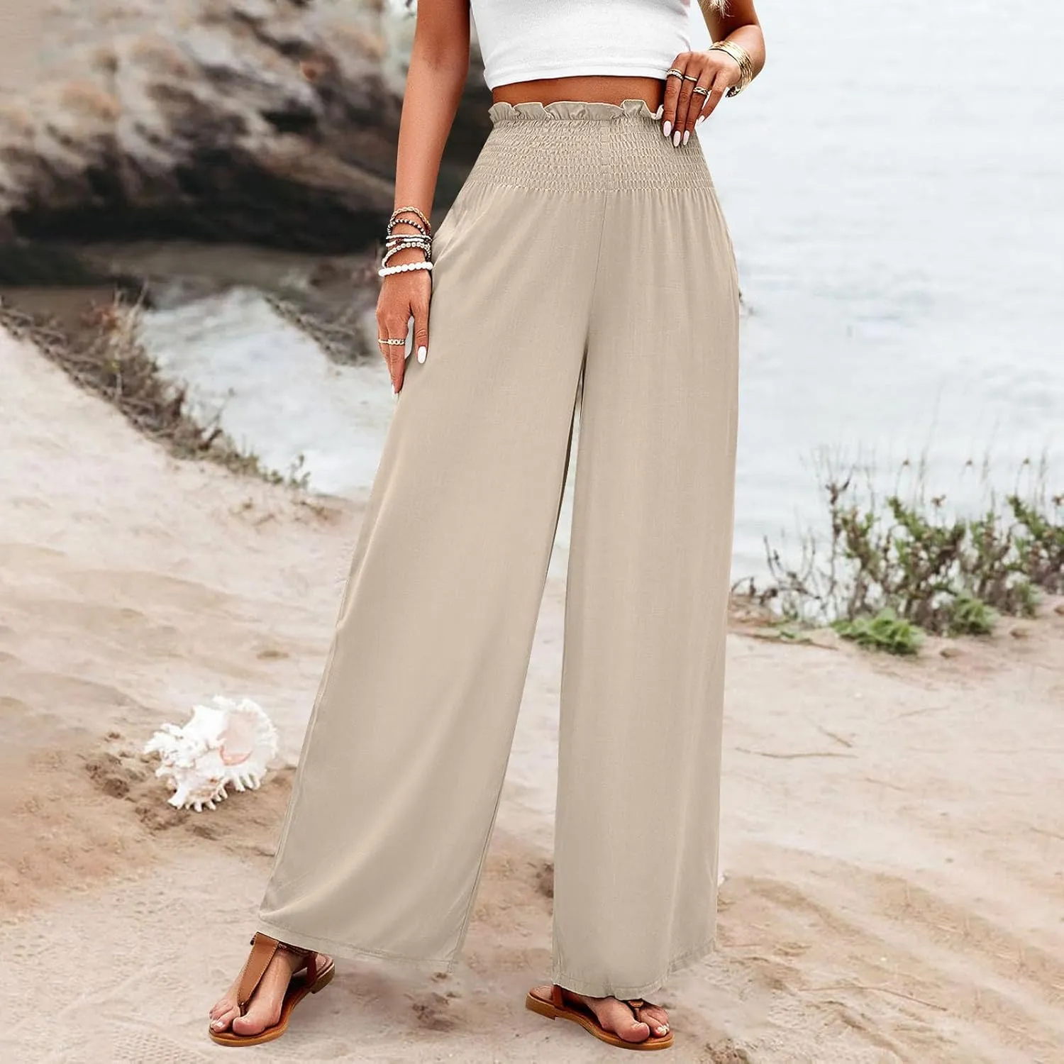GOFULY Cotton Linen Pants for Women Wide Leg Trendy High Rise Pants Elastic Waist 2025 Summer Soft Solid Trouser with Pockets