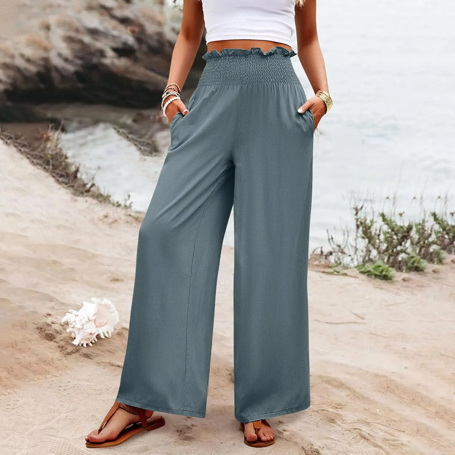GOFULY Cotton Linen Pants for Women Wide Leg Trendy High Rise Pants Elastic Waist 2025 Summer Soft Solid Trouser with Pockets