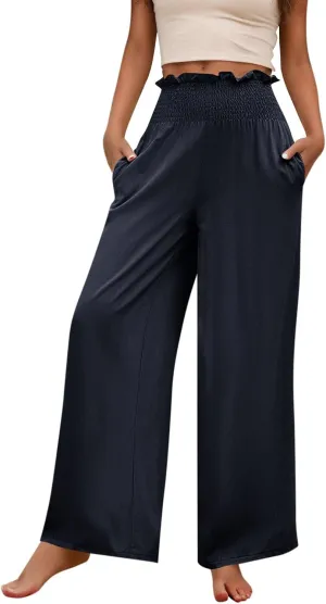 GOFULY Cotton Linen Pants for Women Wide Leg Trendy High Rise Pants Elastic Waist 2025 Summer Soft Solid Trouser with Pockets