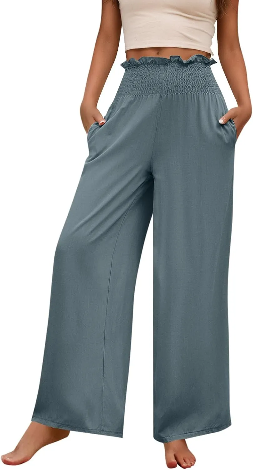 GOFULY Cotton Linen Pants for Women Wide Leg Trendy High Rise Pants Elastic Waist 2025 Summer Soft Solid Trouser with Pockets
