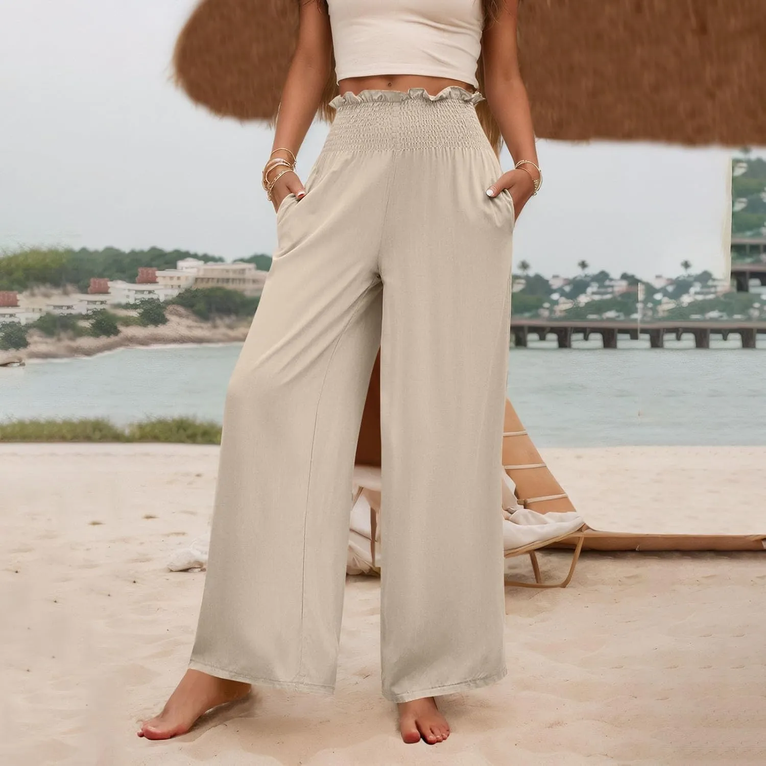 GOFULY Cotton Linen Pants for Women Wide Leg Trendy High Rise Pants Elastic Waist 2025 Summer Soft Solid Trouser with Pockets