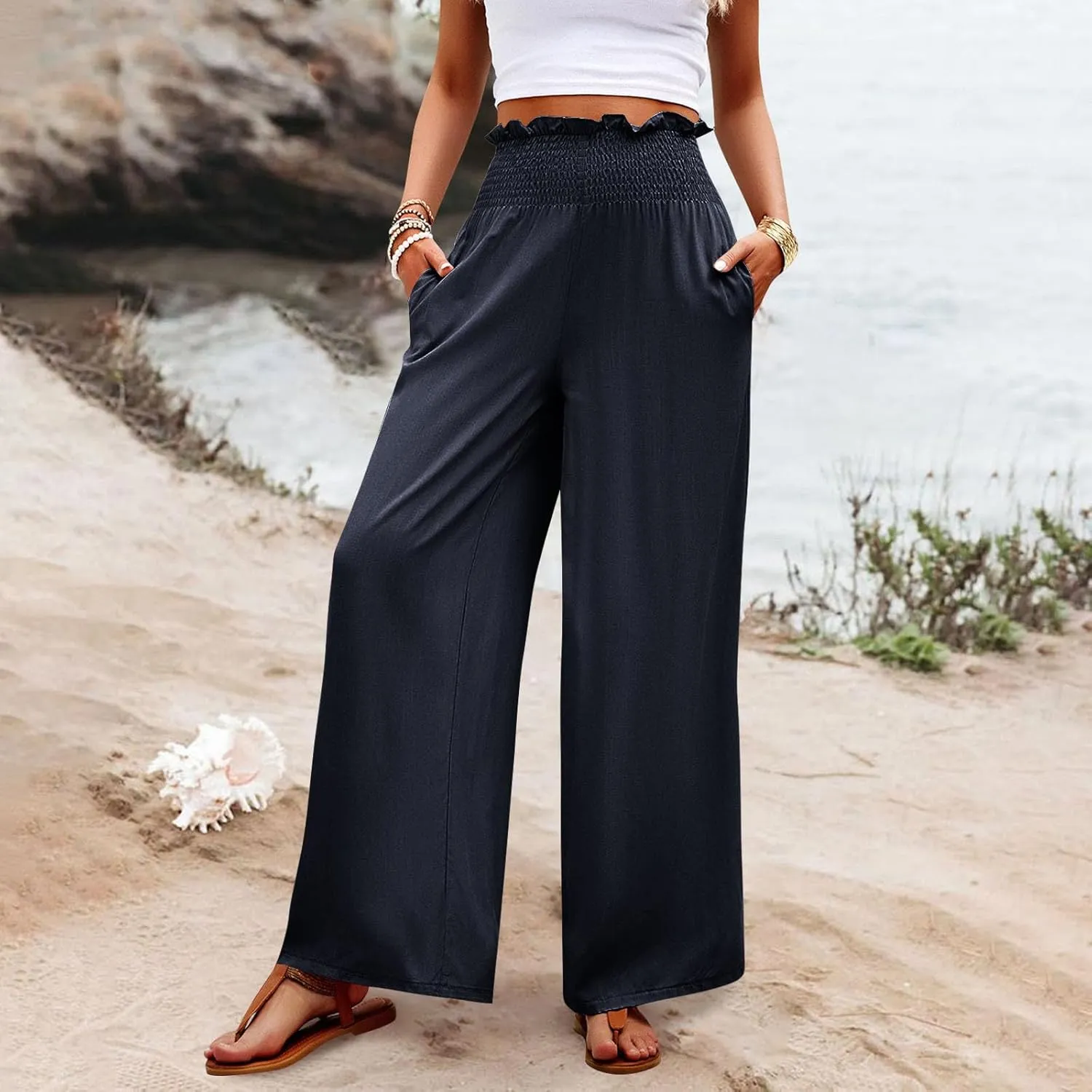 GOFULY Cotton Linen Pants for Women Wide Leg Trendy High Rise Pants Elastic Waist 2025 Summer Soft Solid Trouser with Pockets