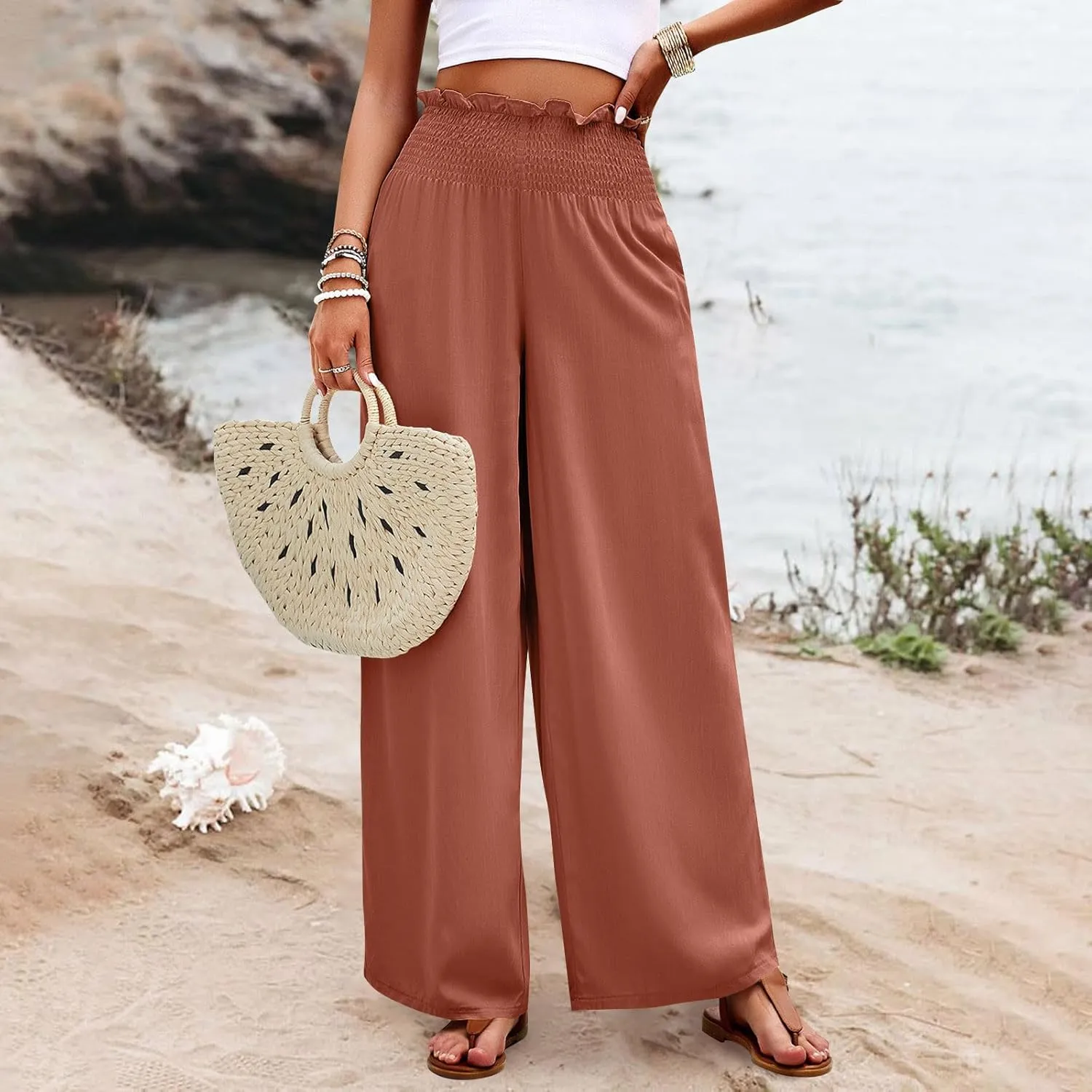 GOFULY Cotton Linen Pants for Women Wide Leg Trendy High Rise Pants Elastic Waist 2025 Summer Soft Solid Trouser with Pockets