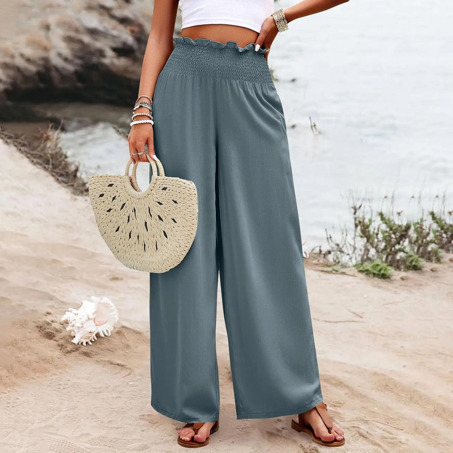 GOFULY Cotton Linen Pants for Women Wide Leg Trendy High Rise Pants Elastic Waist 2025 Summer Soft Solid Trouser with Pockets
