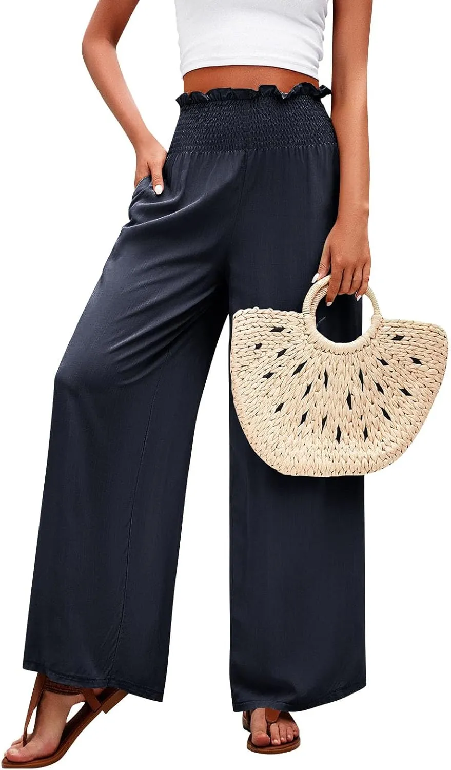 GOFULY Cotton Linen Pants for Women Wide Leg Trendy High Rise Pants Elastic Waist 2025 Summer Soft Solid Trouser with Pockets