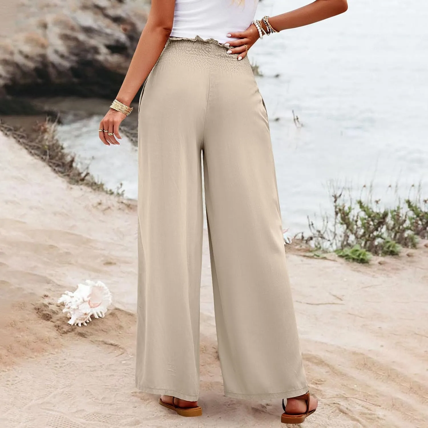 GOFULY Cotton Linen Pants for Women Wide Leg Trendy High Rise Pants Elastic Waist 2025 Summer Soft Solid Trouser with Pockets