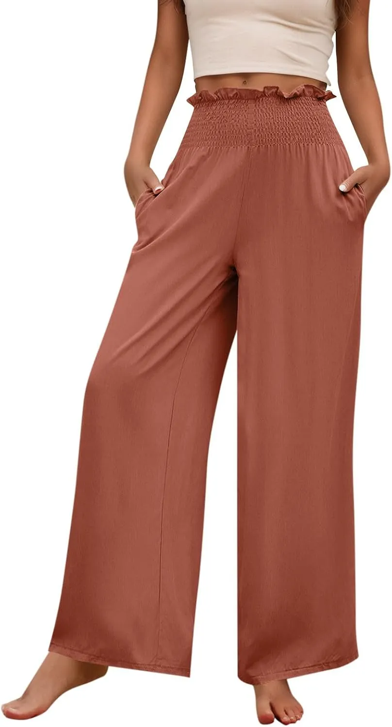 GOFULY Cotton Linen Pants for Women Wide Leg Trendy High Rise Pants Elastic Waist 2025 Summer Soft Solid Trouser with Pockets