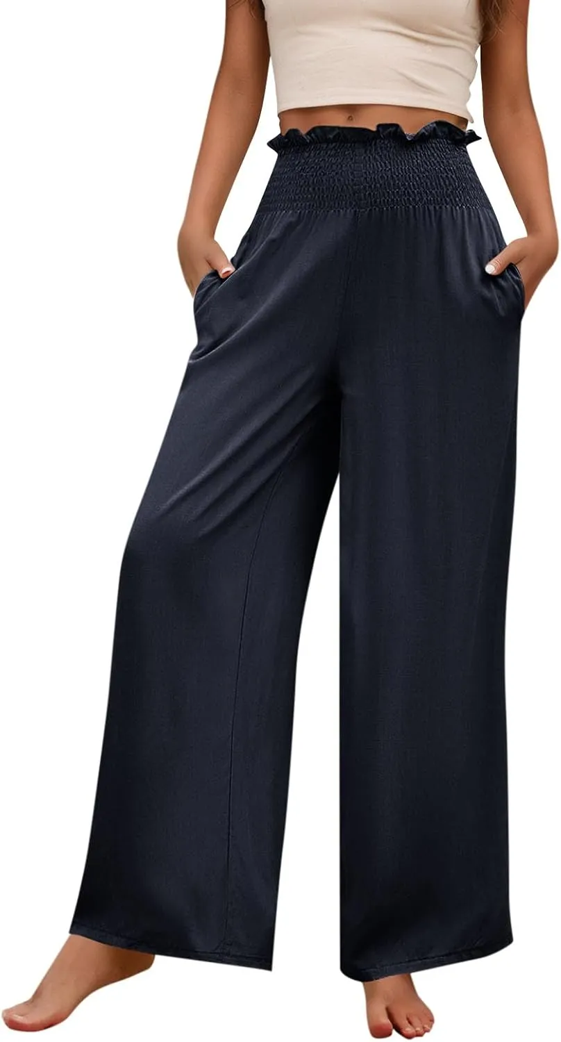 GOFULY Cotton Linen Pants for Women Wide Leg Trendy High Rise Pants Elastic Waist 2025 Summer Soft Solid Trouser with Pockets