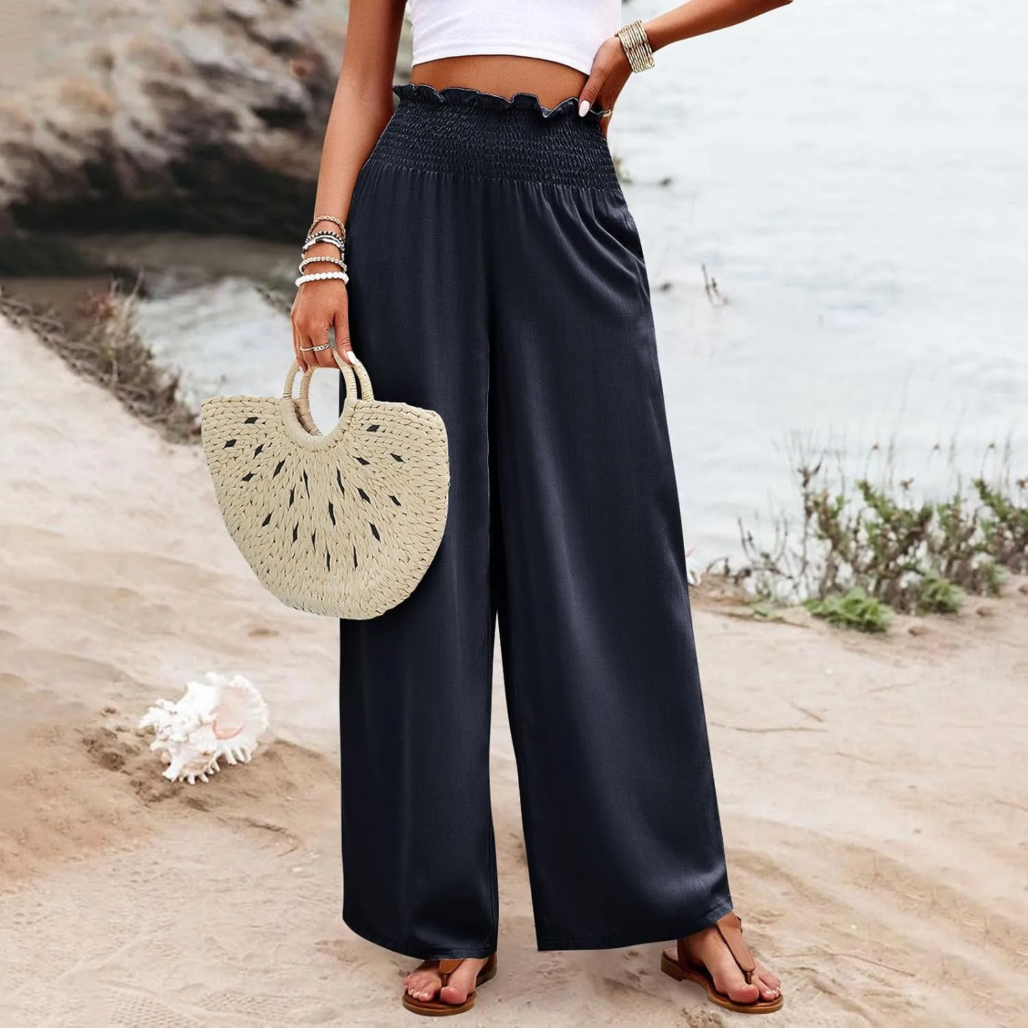 GOFULY Cotton Linen Pants for Women Wide Leg Trendy High Rise Pants Elastic Waist 2025 Summer Soft Solid Trouser with Pockets