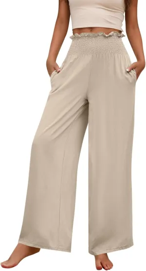 GOFULY Cotton Linen Pants for Women Wide Leg Trendy High Rise Pants Elastic Waist 2025 Summer Soft Solid Trouser with Pockets