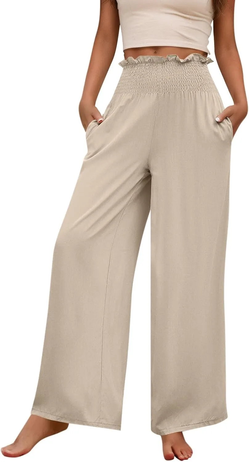 GOFULY Cotton Linen Pants for Women Wide Leg Trendy High Rise Pants Elastic Waist 2025 Summer Soft Solid Trouser with Pockets