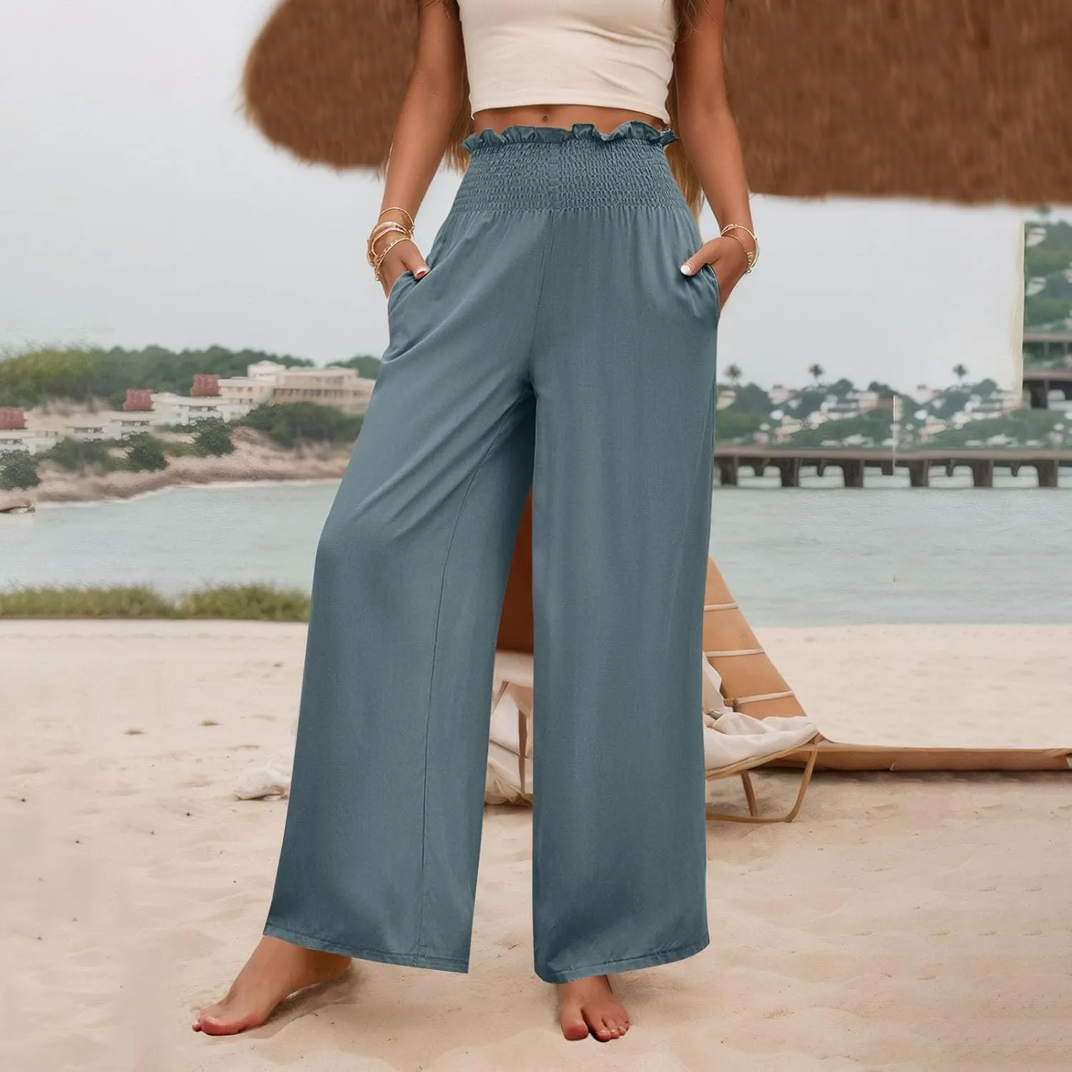 GOFULY Cotton Linen Pants for Women Wide Leg Trendy High Rise Pants Elastic Waist 2025 Summer Soft Solid Trouser with Pockets