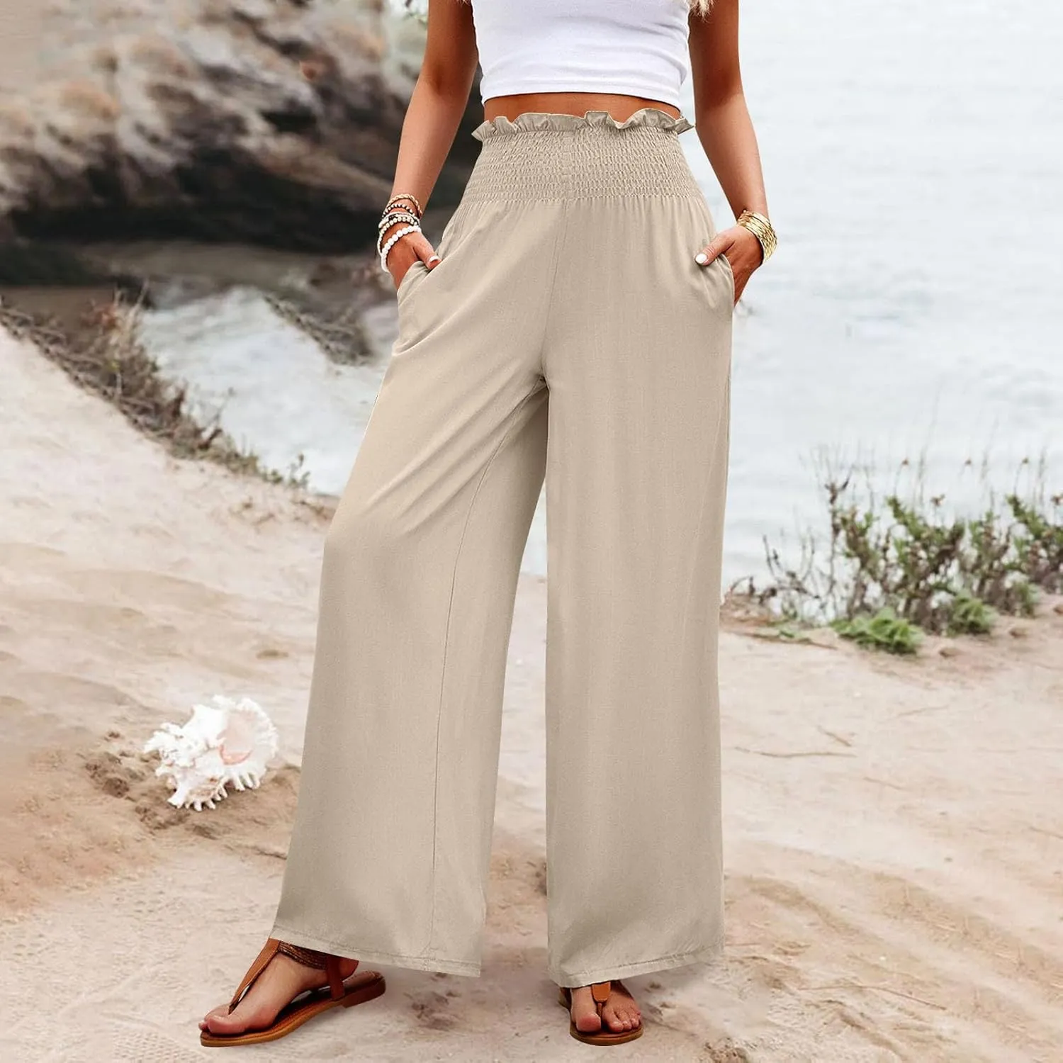 GOFULY Cotton Linen Pants for Women Wide Leg Trendy High Rise Pants Elastic Waist 2025 Summer Soft Solid Trouser with Pockets