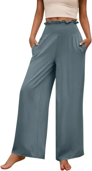 GOFULY Cotton Linen Pants for Women Wide Leg Trendy High Rise Pants Elastic Waist 2025 Summer Soft Solid Trouser with Pockets