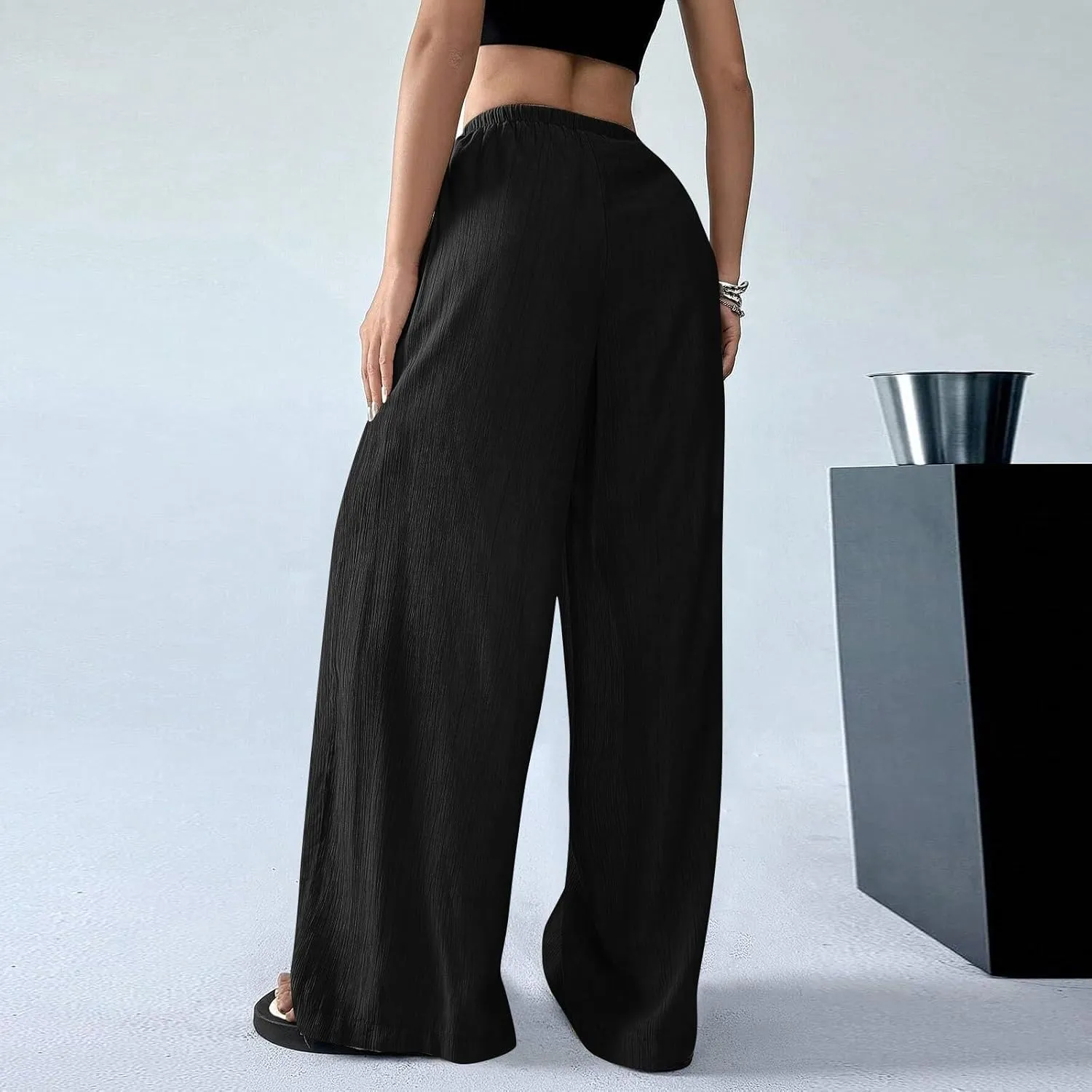 GOFULY Linen Pants Women Wide Leg Beach High Rise Pants Casual Elastic Waist Drawstring Summer 2025 Solid Trouser with Pocket