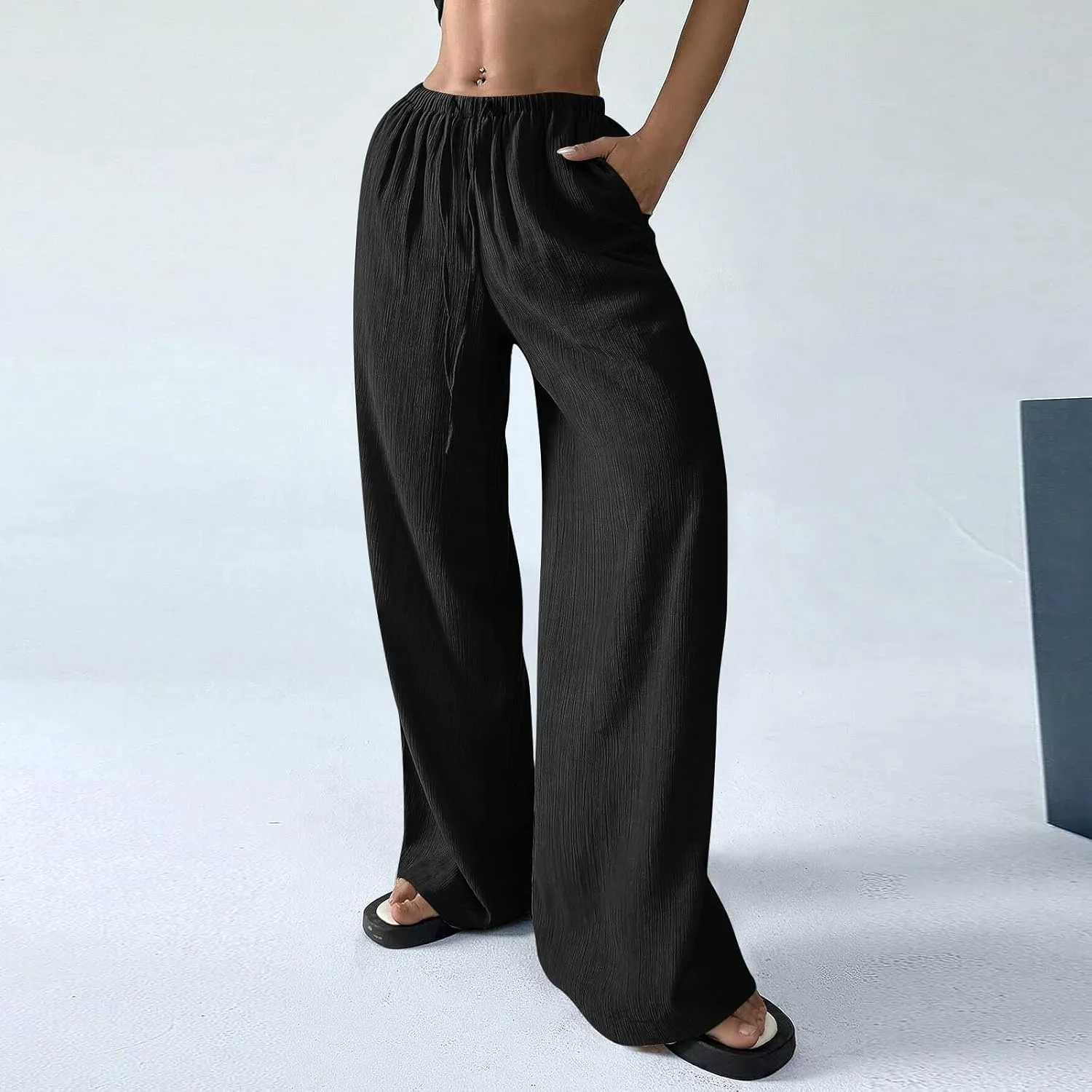 GOFULY Linen Pants Women Wide Leg Beach High Rise Pants Casual Elastic Waist Drawstring Summer 2025 Solid Trouser with Pocket