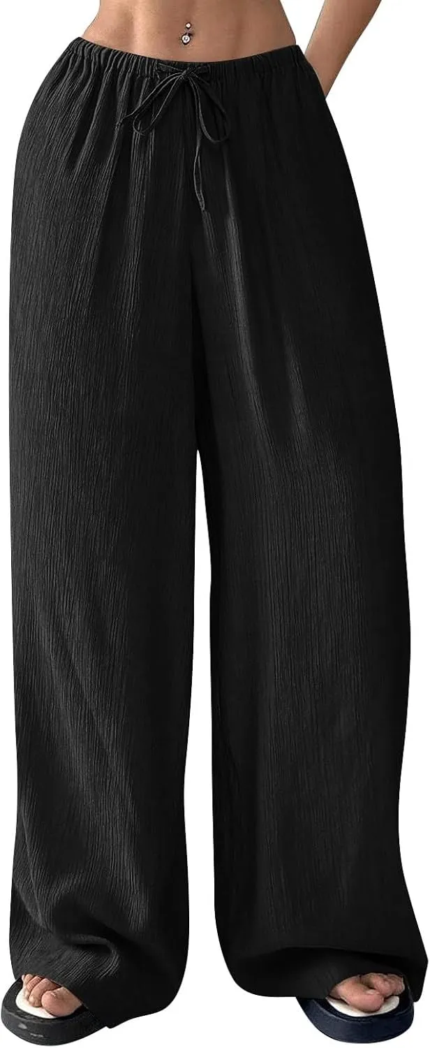 GOFULY Linen Pants Women Wide Leg Beach High Rise Pants Casual Elastic Waist Drawstring Summer 2025 Solid Trouser with Pocket