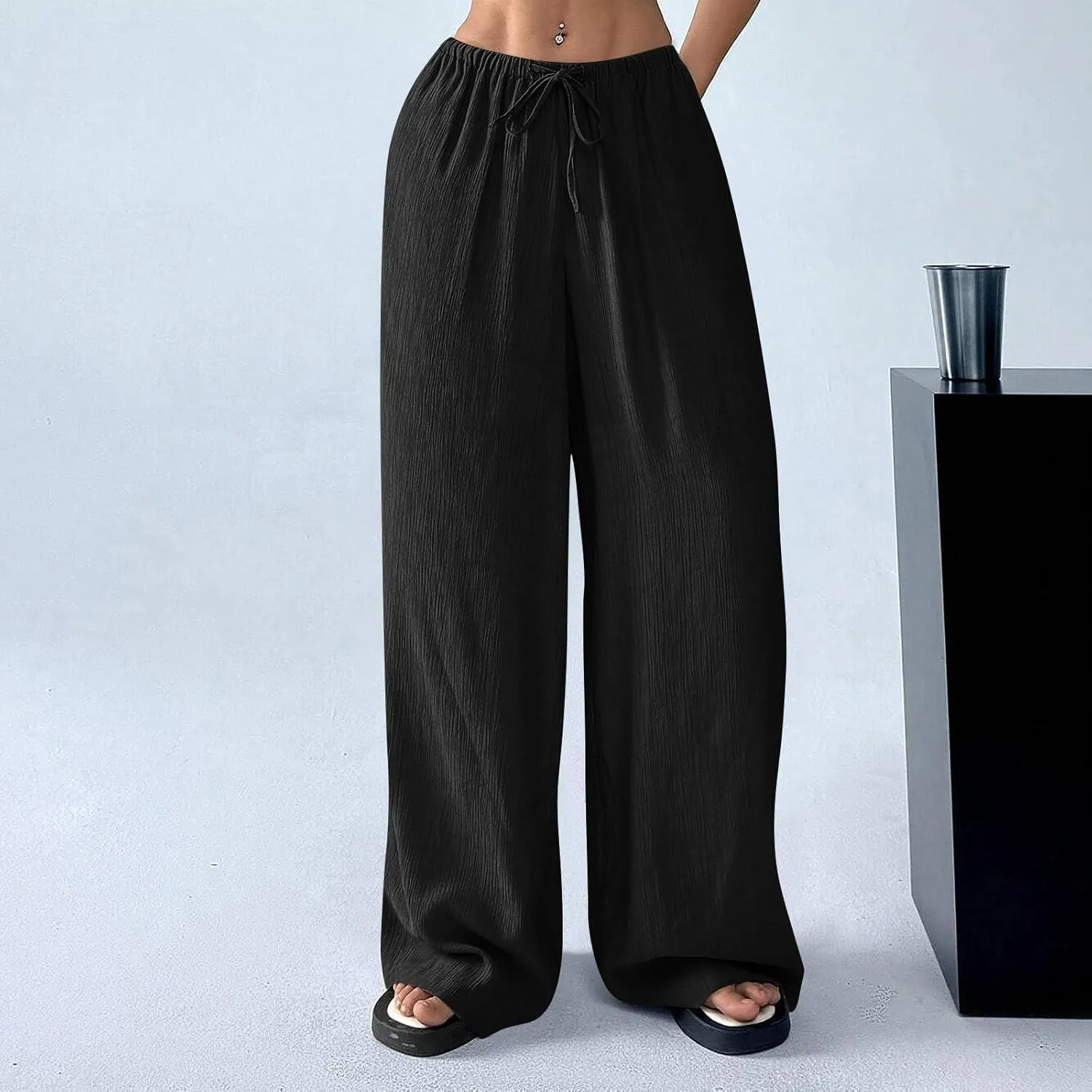 GOFULY Linen Pants Women Wide Leg Beach High Rise Pants Casual Elastic Waist Drawstring Summer 2025 Solid Trouser with Pocket