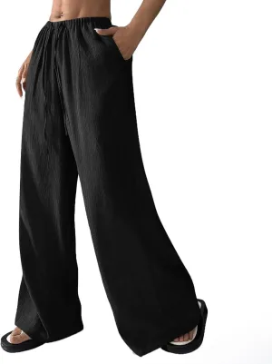 GOFULY Linen Pants Women Wide Leg Beach High Rise Pants Casual Elastic Waist Drawstring Summer 2025 Solid Trouser with Pocket