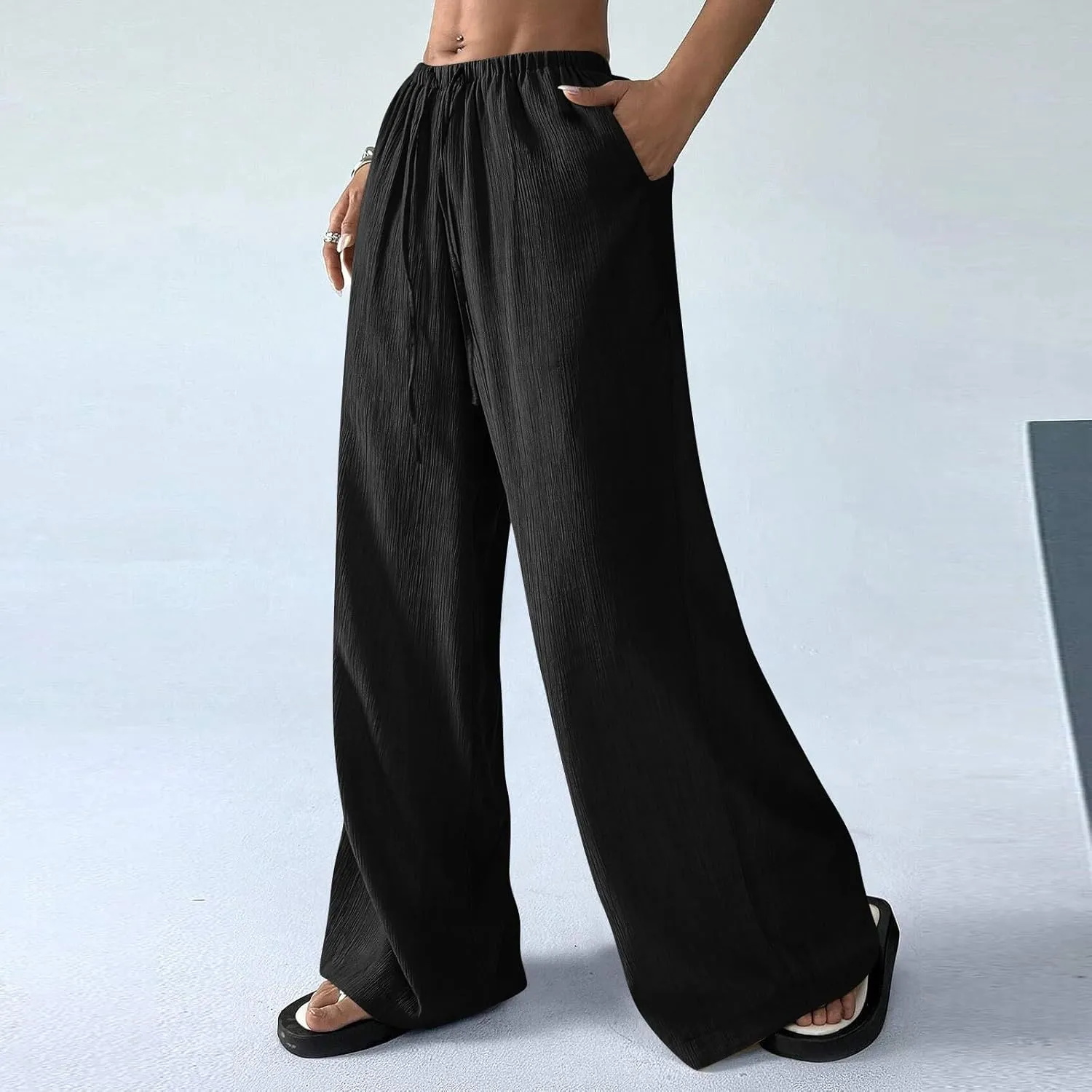 GOFULY Linen Pants Women Wide Leg Beach High Rise Pants Casual Elastic Waist Drawstring Summer 2025 Solid Trouser with Pocket