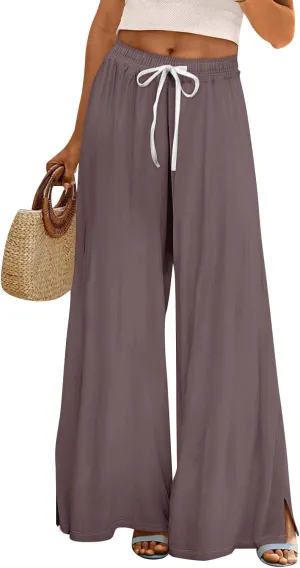 GOFULY Wide Leg Flowy Pants for Women Summer 2025 Beach Palazzo Pants High Elastic Waist Drawstring Side Slit Pockets Trouser