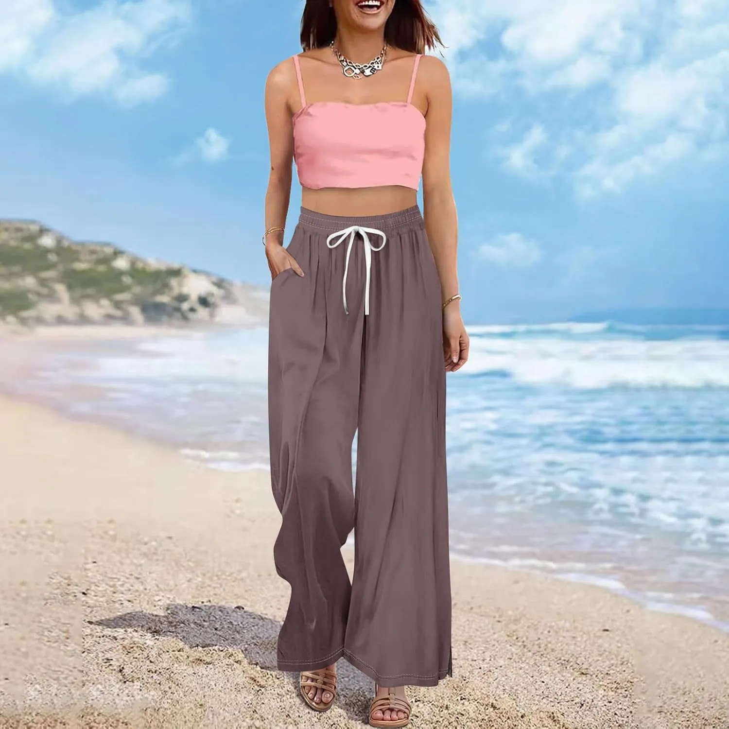 GOFULY Wide Leg Flowy Pants for Women Summer 2025 Beach Palazzo Pants High Elastic Waist Drawstring Side Slit Pockets Trouser