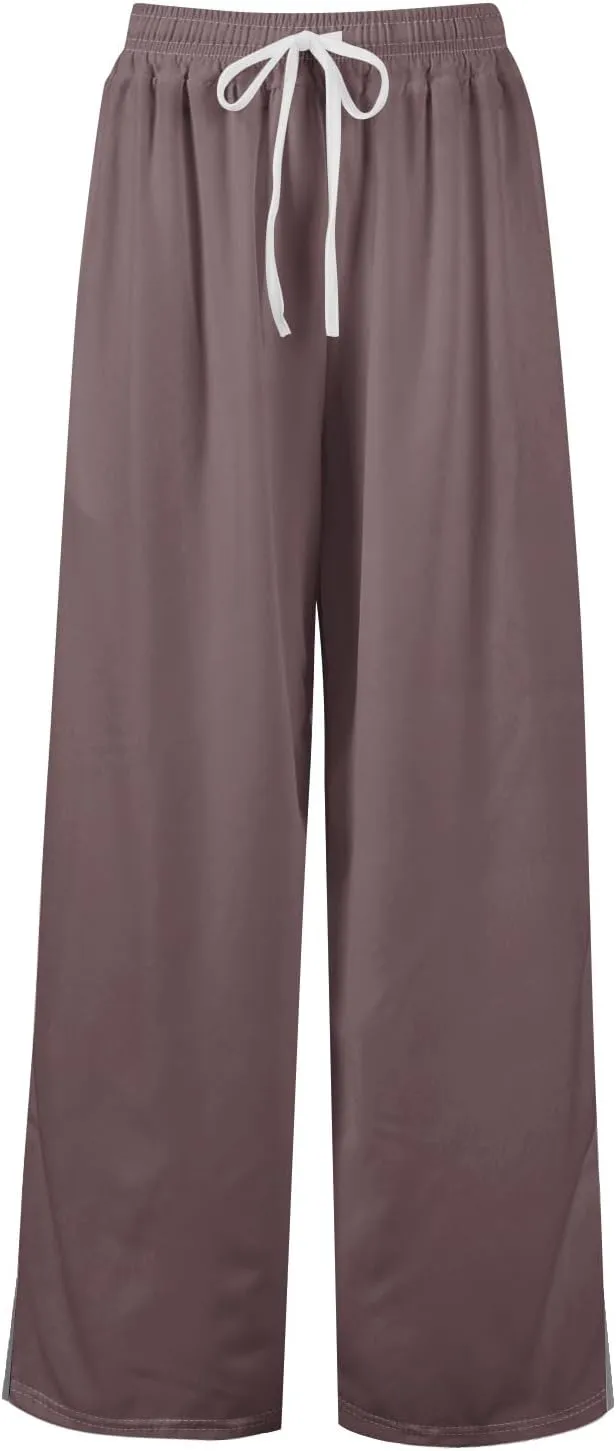 GOFULY Wide Leg Flowy Pants for Women Summer 2025 Beach Palazzo Pants High Elastic Waist Drawstring Side Slit Pockets Trouser