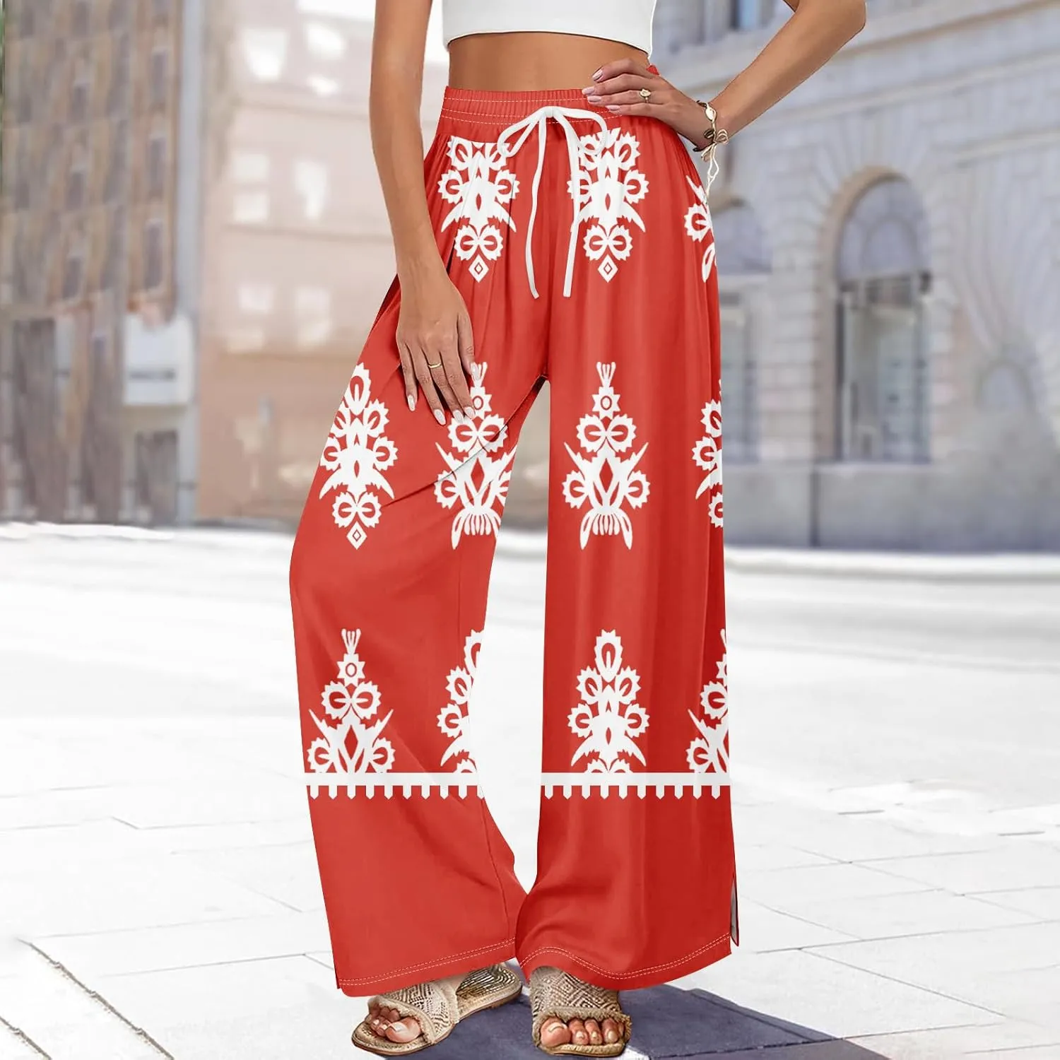 GOFULY Wide Leg Pants Woman Summer High Waisted Beach Ethnic FloralPrint Pants Pockets Drawstring Elastic Waist 2025 Clothes
