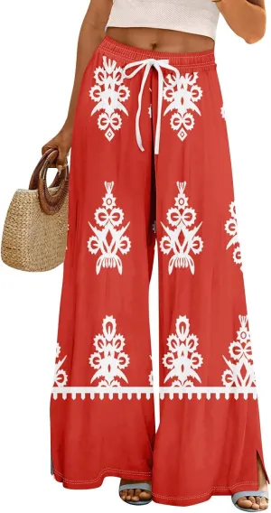 GOFULY Wide Leg Pants Woman Summer High Waisted Beach Ethnic FloralPrint Pants Pockets Drawstring Elastic Waist 2025 Clothes