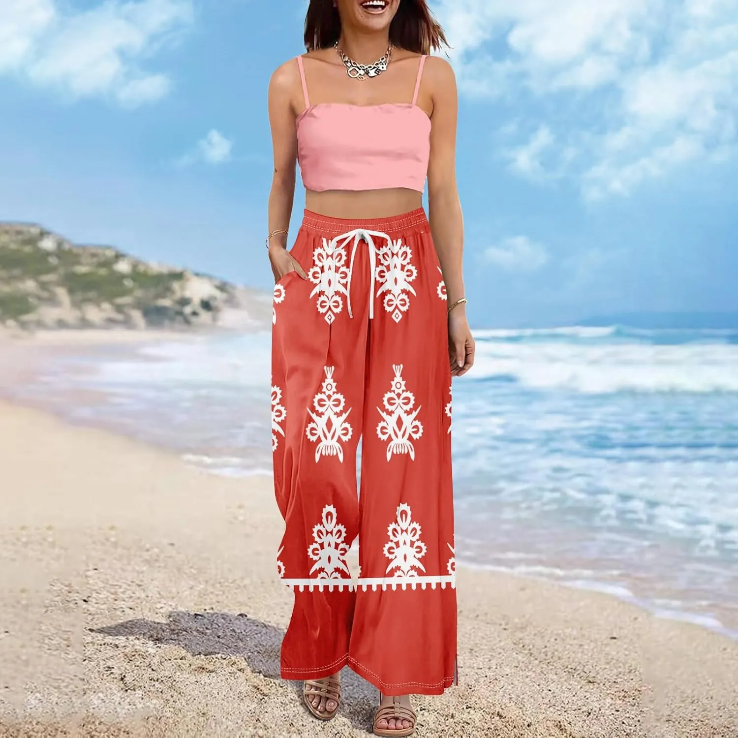 GOFULY Wide Leg Pants Woman Summer High Waisted Beach Ethnic FloralPrint Pants Pockets Drawstring Elastic Waist 2025 Clothes