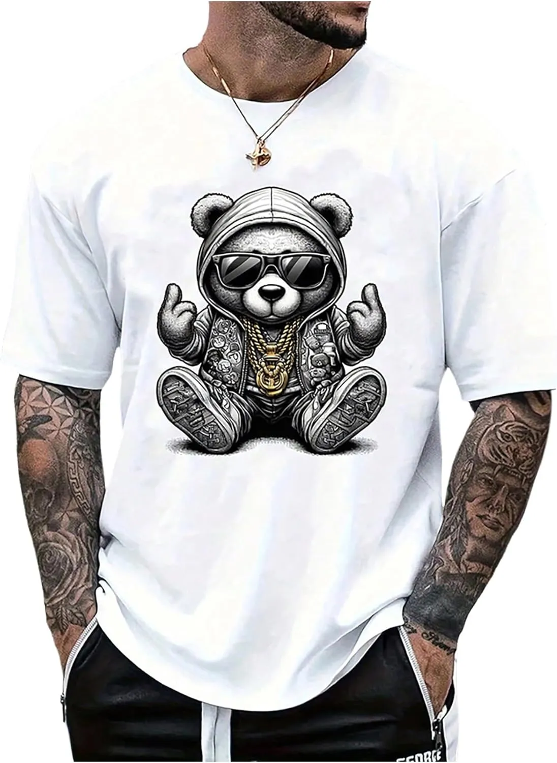 GORGLITTER Men's Bear Graphic Y2k Shirt Crew Neck Short Sleeve Oversized Casual Summer Tees Top 2025