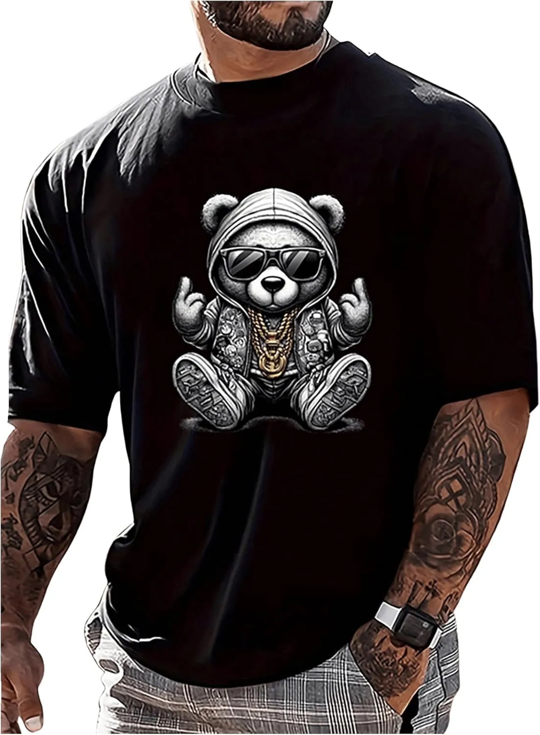GORGLITTER Men's Bear Graphic Y2k Shirt Crew Neck Short Sleeve Oversized Casual Summer Tees Top 2025