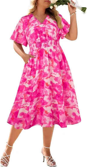 Hanna Nikole Women's Plus Size Summer Floral Dress Casual Short Sleeve Sundress Swing A Line Maxi Dresses with Pockets