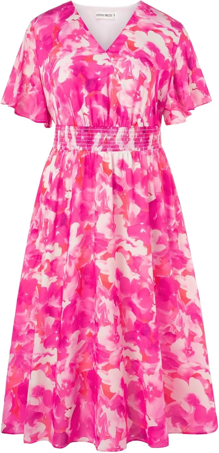 Hanna Nikole Women's Plus Size Summer Floral Dress Casual Short Sleeve Sundress Swing A Line Maxi Dresses with Pockets