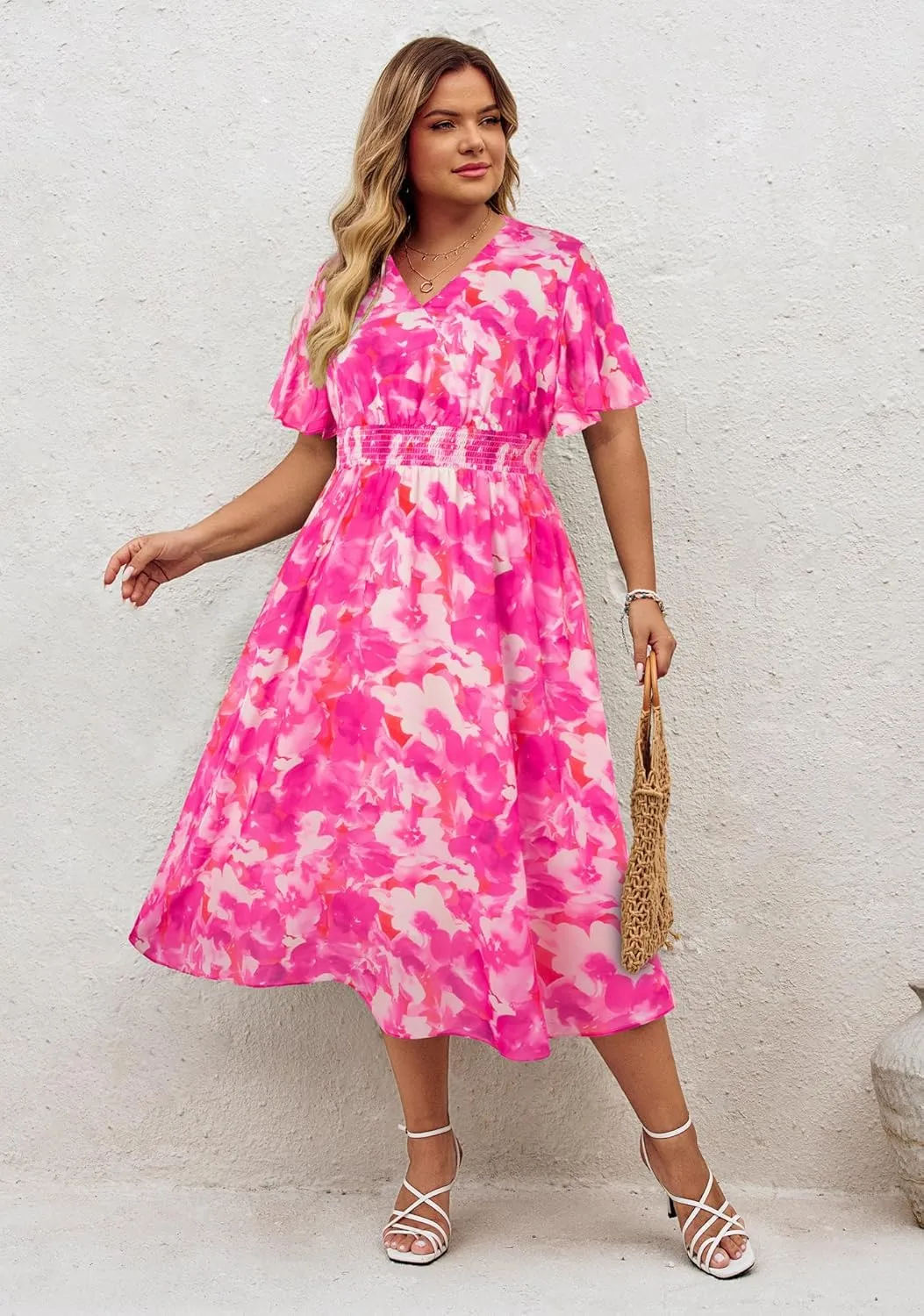 Hanna Nikole Women's Plus Size Summer Floral Dress Casual Short Sleeve Sundress Swing A Line Maxi Dresses with Pockets