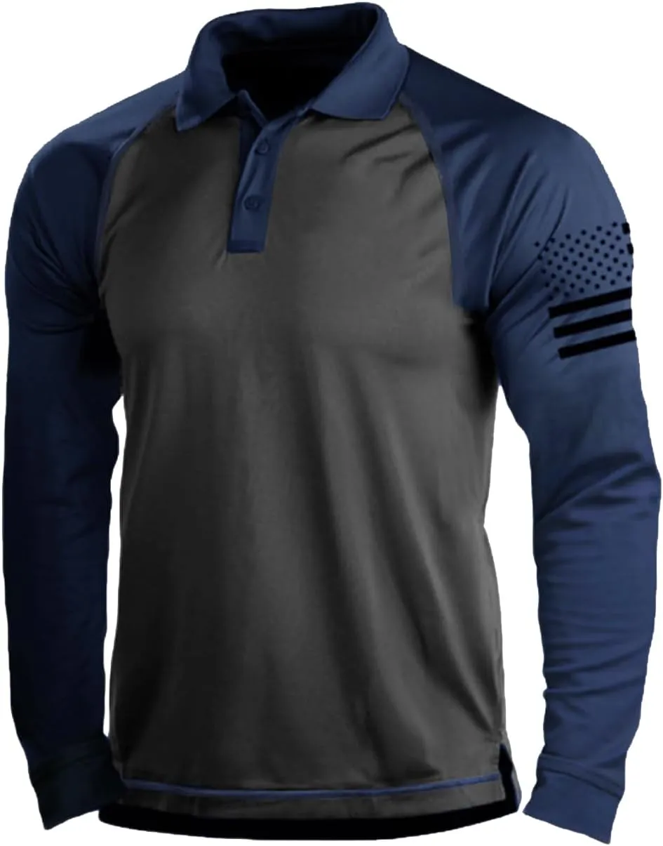 HARGLESMAN Mens American Flag Long Sleeve Polo Shirt