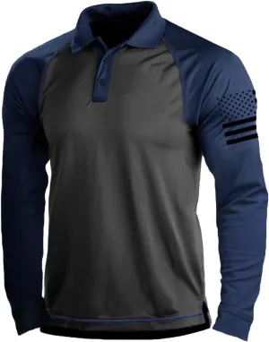 HARGLESMAN Mens American Flag Long Sleeve Polo Shirt