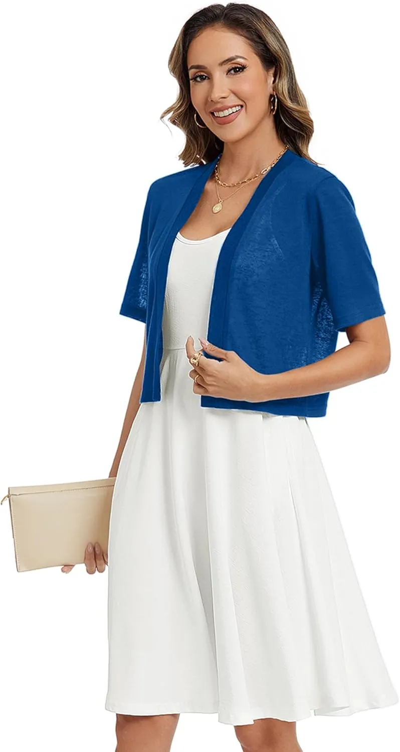 Heymoments Women's Thin Shrugs Short Sleeve Lightweight Cropped Tops Open Front Knitted Cardigan for Dress Summer Bolero