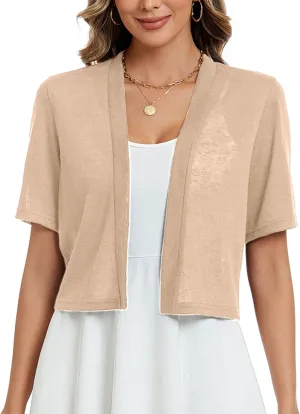 Heymoments Women's Thin Shrugs Short Sleeve Lightweight Cropped Tops Open Front Knitted Cardigan for Dress Summer Bolero