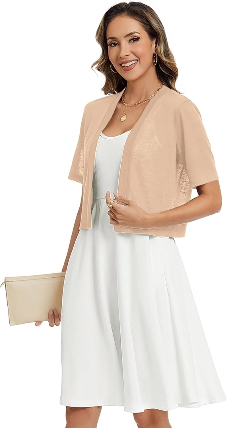 Heymoments Women's Thin Shrugs Short Sleeve Lightweight Cropped Tops Open Front Knitted Cardigan for Dress Summer Bolero