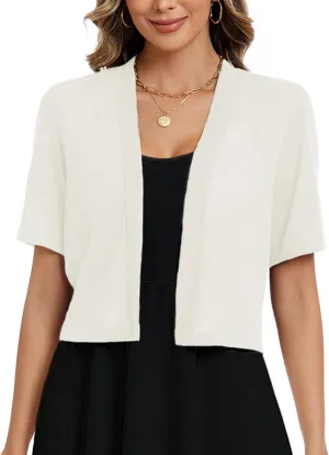 Heymoments Women's Thin Shrugs Short Sleeve Lightweight Cropped Tops Open Front Knitted Cardigan for Dress Summer Bolero
