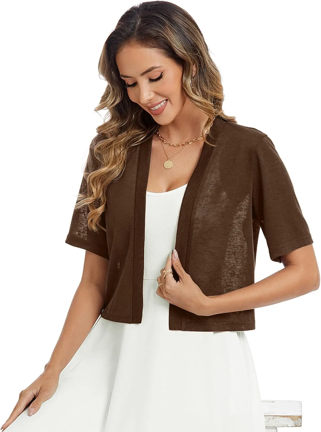 Heymoments Women's Thin Shrugs Short Sleeve Lightweight Cropped Tops Open Front Knitted Cardigan for Dress Summer Bolero