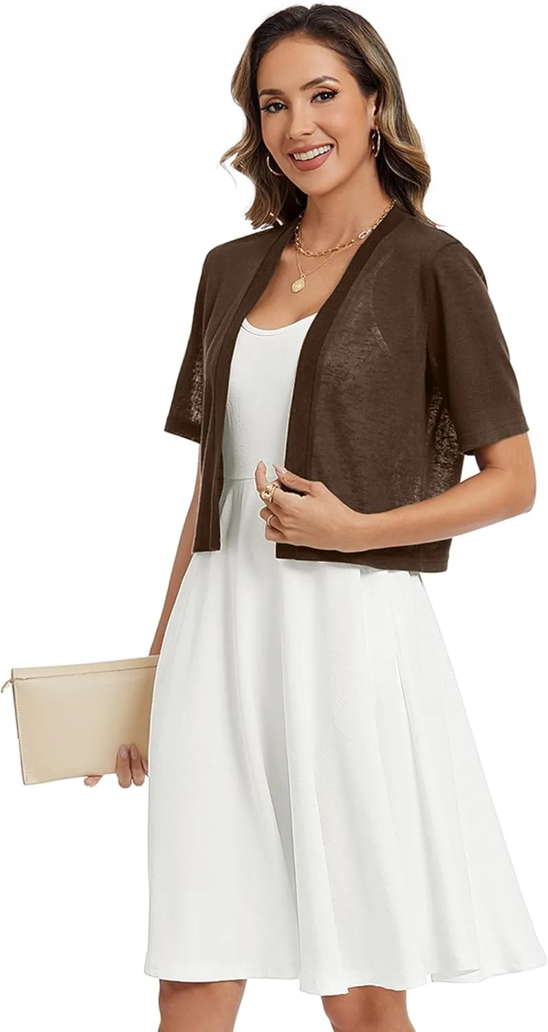 Heymoments Women's Thin Shrugs Short Sleeve Lightweight Cropped Tops Open Front Knitted Cardigan for Dress Summer Bolero